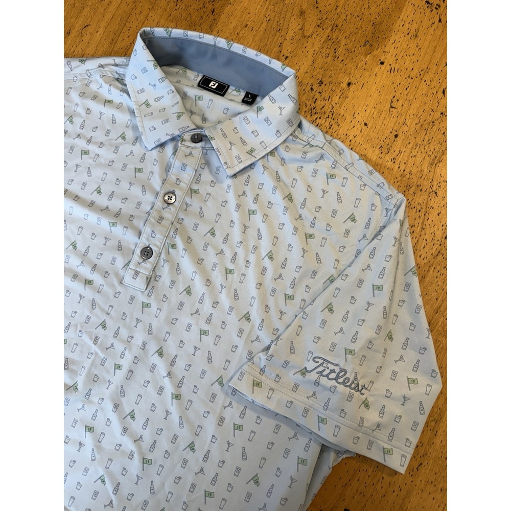 FootJoy X Titleist Mens L  Blue Polo Performance Golf 19th Hole Cocktail Print